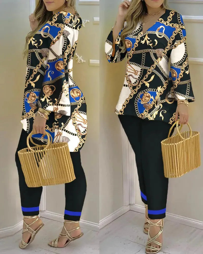 Women Printed V-Neck Long Sleeve Top and Pant Two Piece Set - Image 19