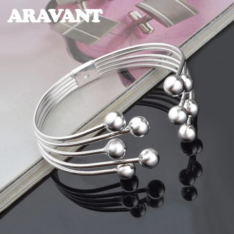 Aravant 925 Silver Multi Line Bead Open Bracelet Bangles For Women Wedding Jewelry Gifts