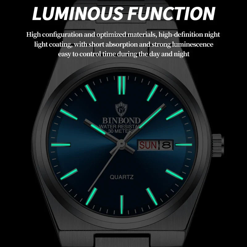 BINBOND Luxury Fashion Man Clock Top Business Waterproof Luminous Date Week Men's Watches Quartz Stainless Steel Men Wristwatch