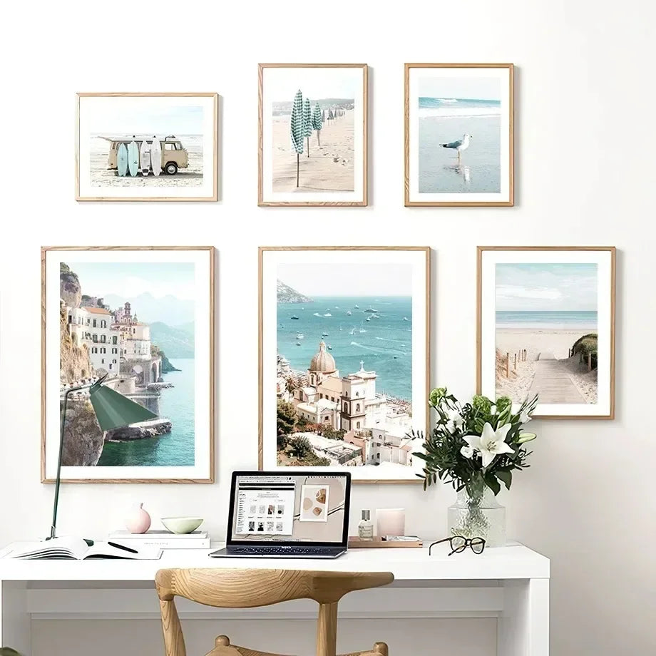Surfboard Seagull Beach Umbrella Blue Sea Wall Art Canvas Painting Nordic Posters And Prints Wall Pictures For Living Room Decor