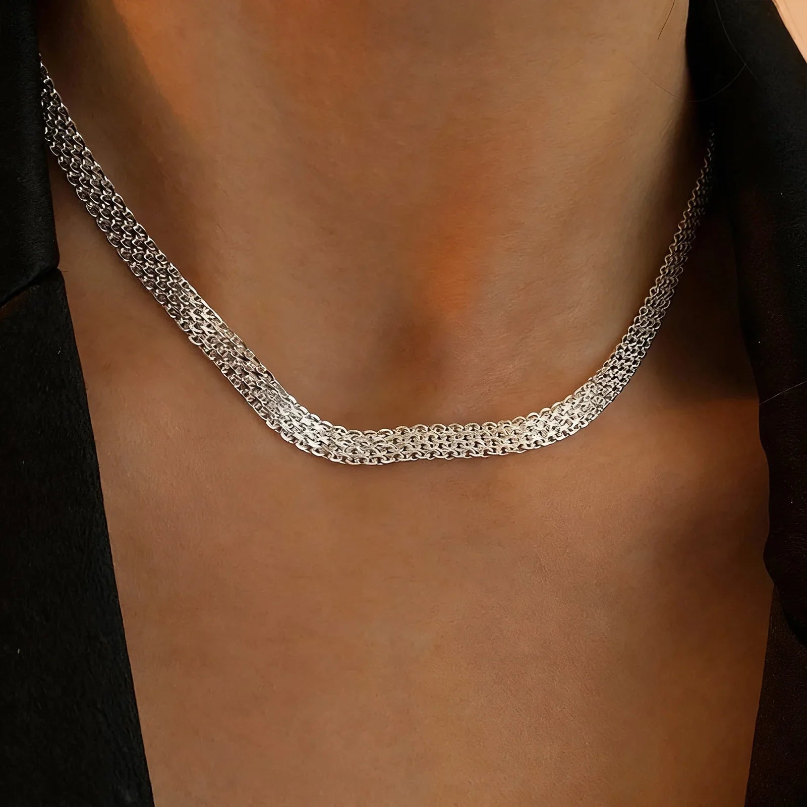 S925Silver European and American simple and unique woven hollow wide necklace ins trend mesh collarbone chain