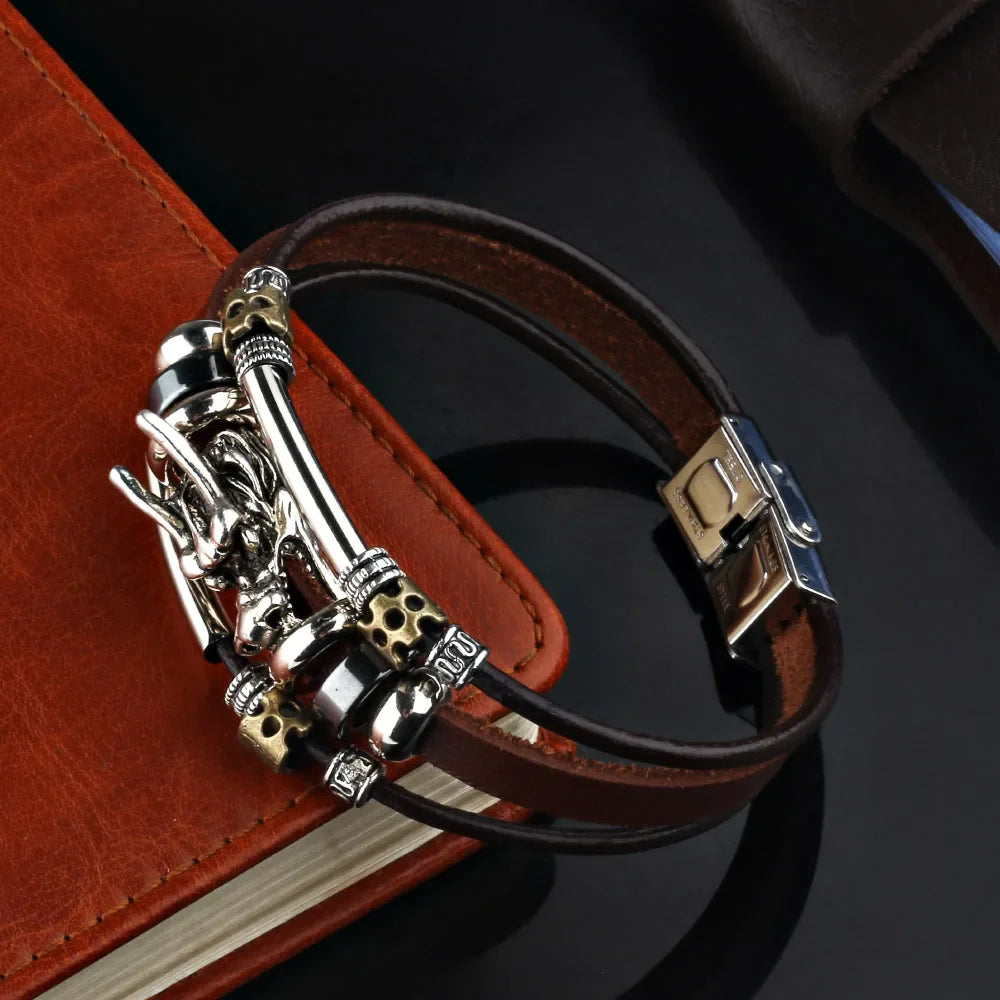 Trend Personalized Jewelry Handmade Leather Dragon Bracelet Men Vintage Multilayer Bracelets Bangles Cuff Bracelet Pulsera