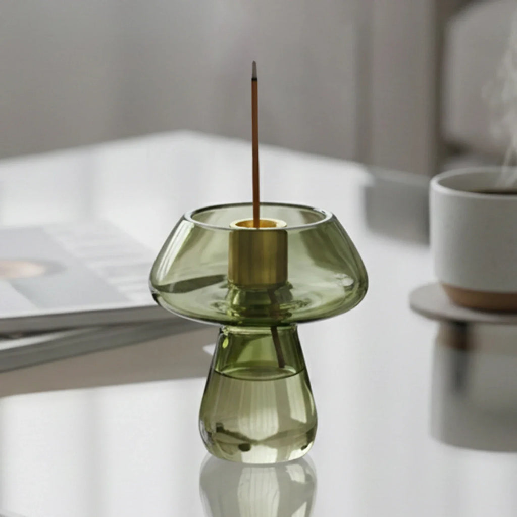 Glass Mushroom Incense Burner Brass Nine-Hole Incense Holder Incense Stick Holder for Meditation Yoga Spa Home Decor