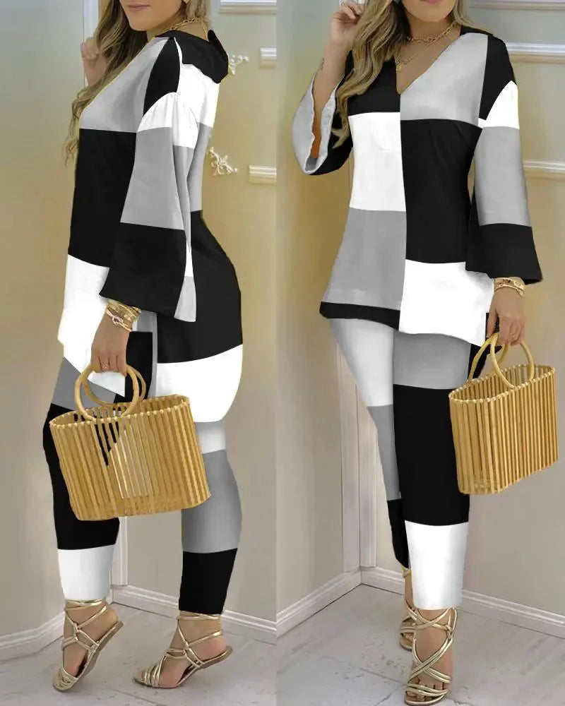 Women Printed V-Neck Long Sleeve Top and Pant Two Piece Set - Image 10