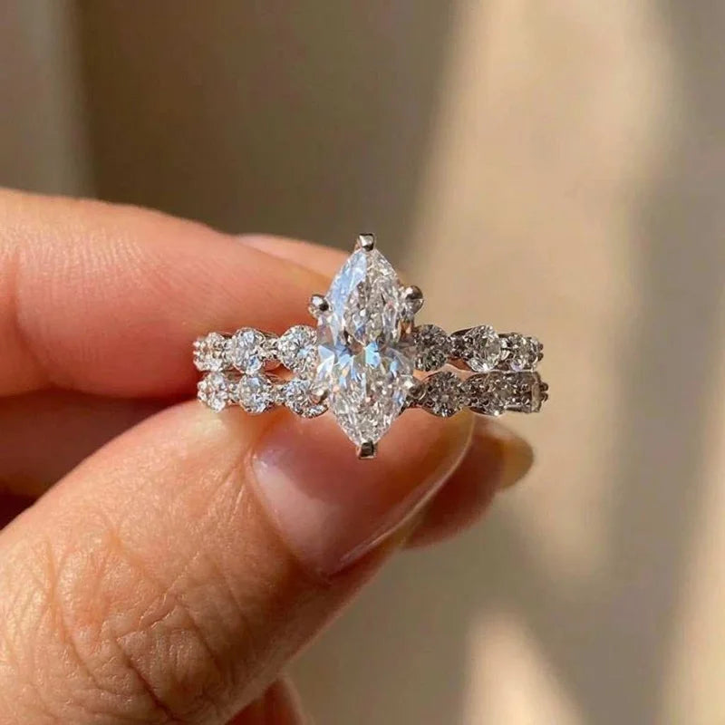 925 Sterling Silver New Fashion Design Marquise Cubic Zirconia Set Rings for Women Modern Trend Bridal Wedding Sparkling Jewelry