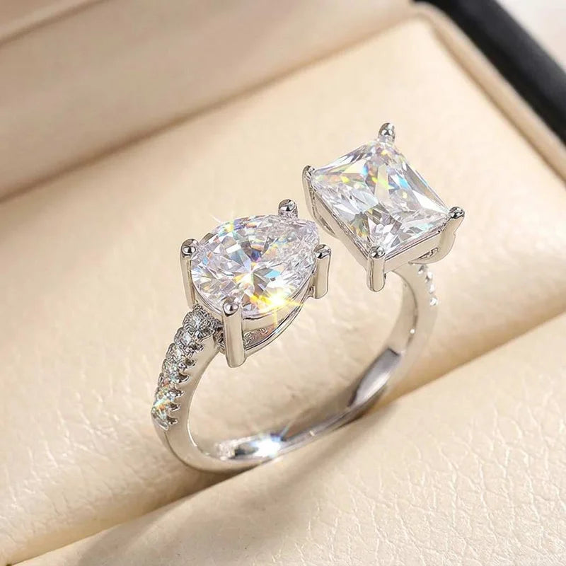 Hot New 925 Sterling Silver Pear Cut Emerald cut Simulated Diamond Wedding Party Vintage Adjustable  Ring Fine Jewelry Gifts