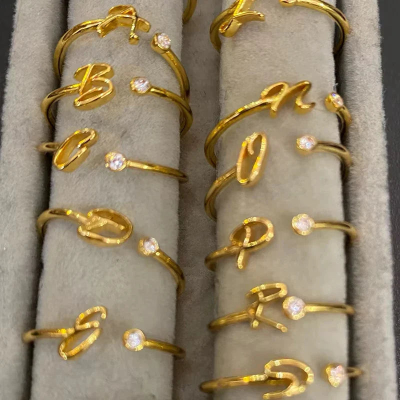 Zircon Initial Letter Ring for Women Stainless Steel Gold Color Alphabet Open Ring Trendy Wedding Birthday Aesthetic Jewelry
