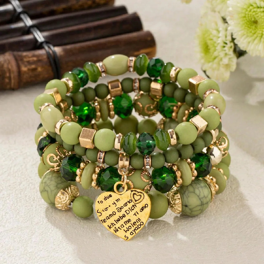 4Pcs/set Boho Ethnic Heart Beaded Bracelet Set For Women Handmade Crystal Beads Chain Bangle Female Bohemia Jewelry Gift