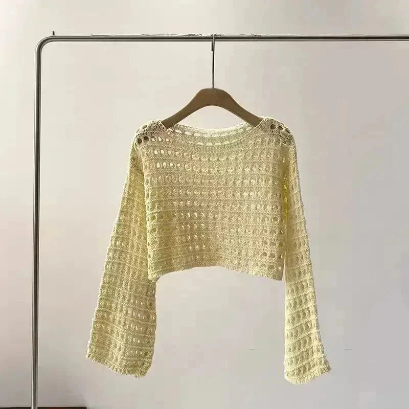 Women's Crochet Knit Long Sleeve Boho Beach Cover Up Pullover - Image 5