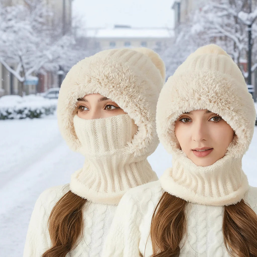 Woman wearing a beige ribbed knit hooded winter hat with fleece lining and neck gaiter cover