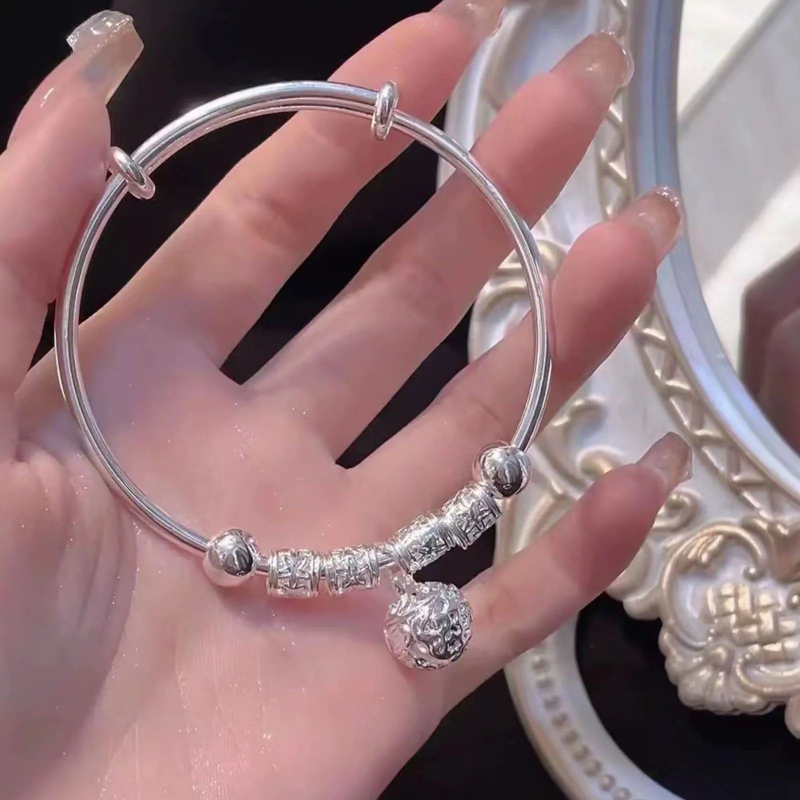 Fine Silver Color Hollow Bells Ball Bangles Adjustable Bracelets for Women Fashion Holiday Gifts Party Wedding Jewelry