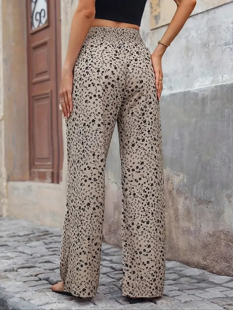 Women's Floral Wide Leg Pants - High Waisted