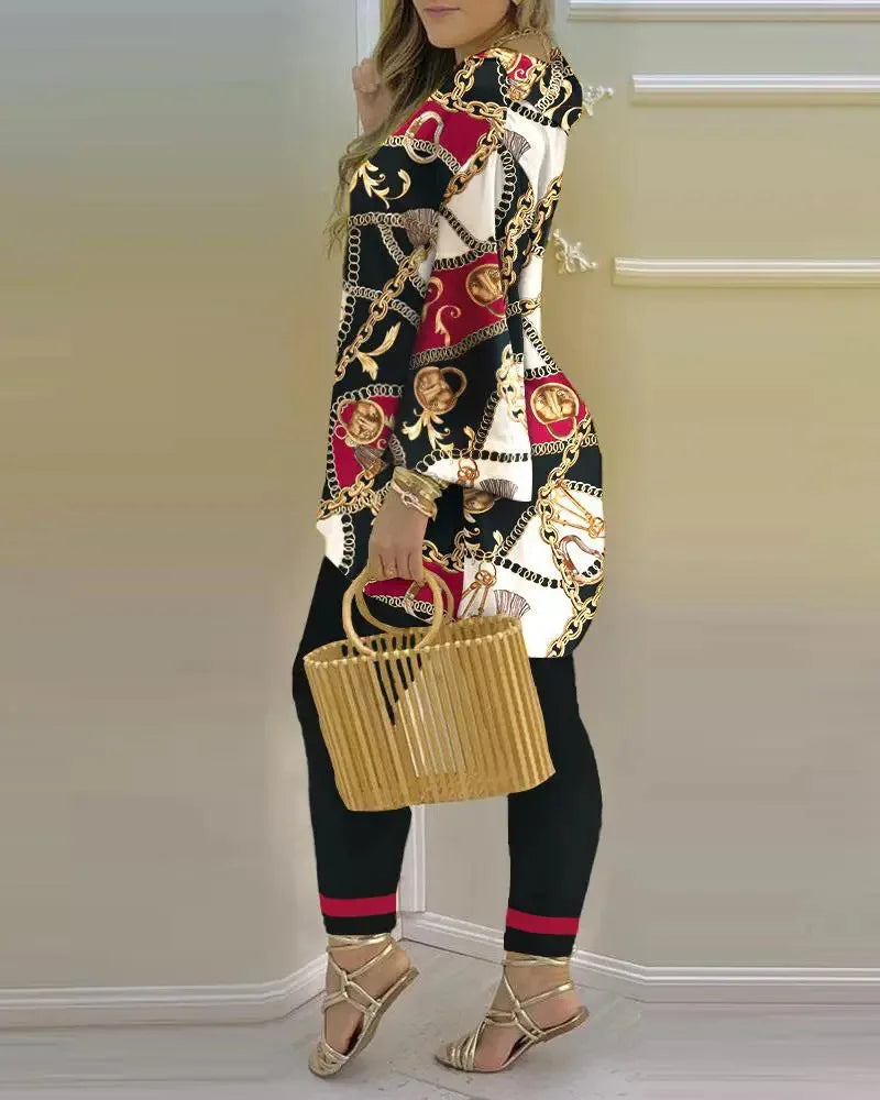 Women Printed V-Neck Long Sleeve Top and Pant Two Piece Set - Image 22