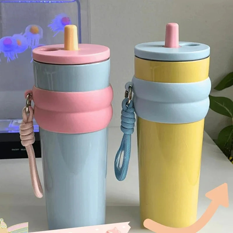 24oz Portability Tumbler with Handle Straw Lid Large Volume Stainless Steel Vacuum Insulated Cup Keep Cold Travel Mug