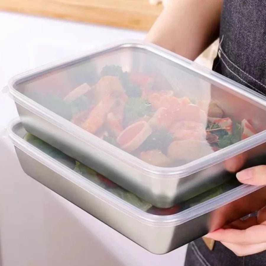 Stainless Steel Crisper Fresh-keep Food Container Rectangle Picnic Bento Tray Refrigerator Freezer Storage Box Restaurant Plate