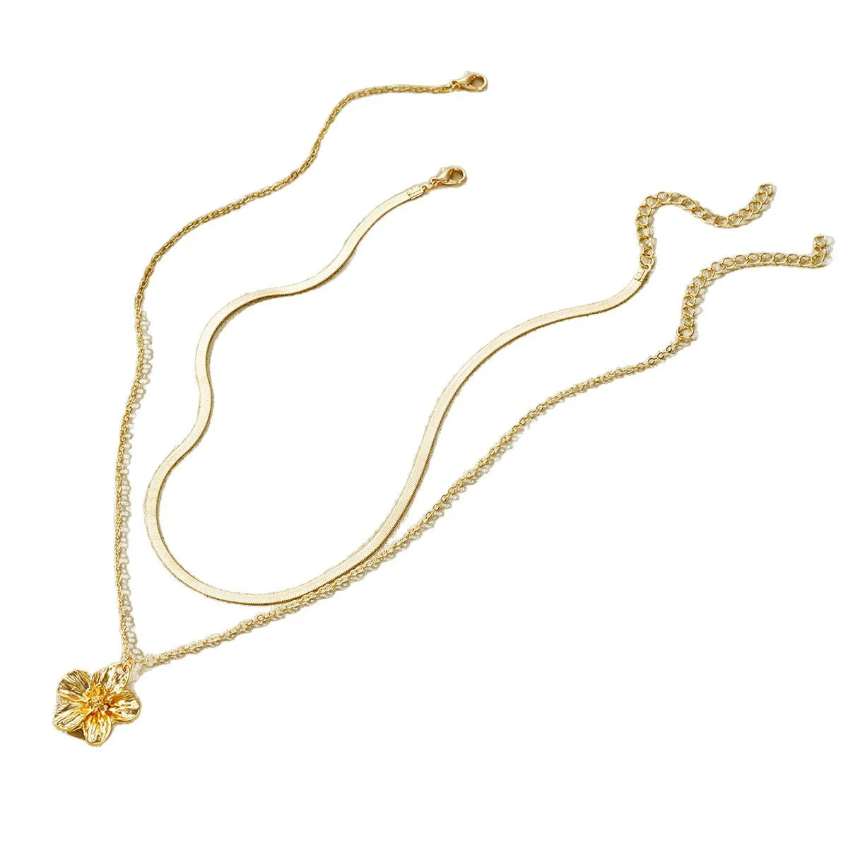 Stainless Steel Golden Flower Pendant Double layer Necklace Flat Snake Chain Lady New Waterproof Fashion Jewelry