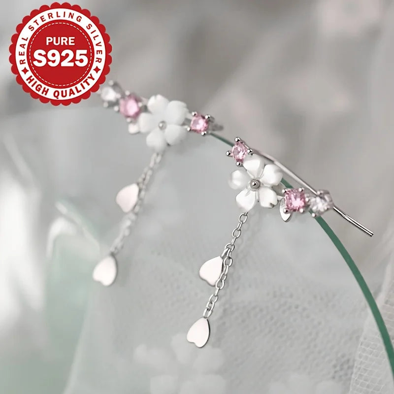 S925 Sterling Silver Sakura Tassel Earrings Cute Elegant Korean Style Versatile Classic Pendant Earring Allergy Free