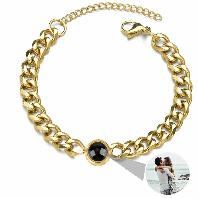 Custom Bracelet with Picture Inside Titanium Steel Cuban Link Chain Bracelet with Personalized Photo Projection for Men Women