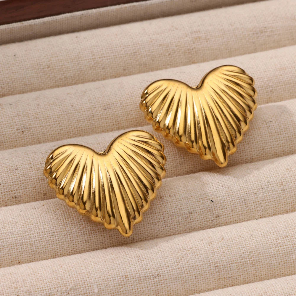 Heart Stripe Chunky Stud Earrings for Women Stainless Steel Gold Color Wedding Aesthetic Earring New Jewelry Accessories BFF