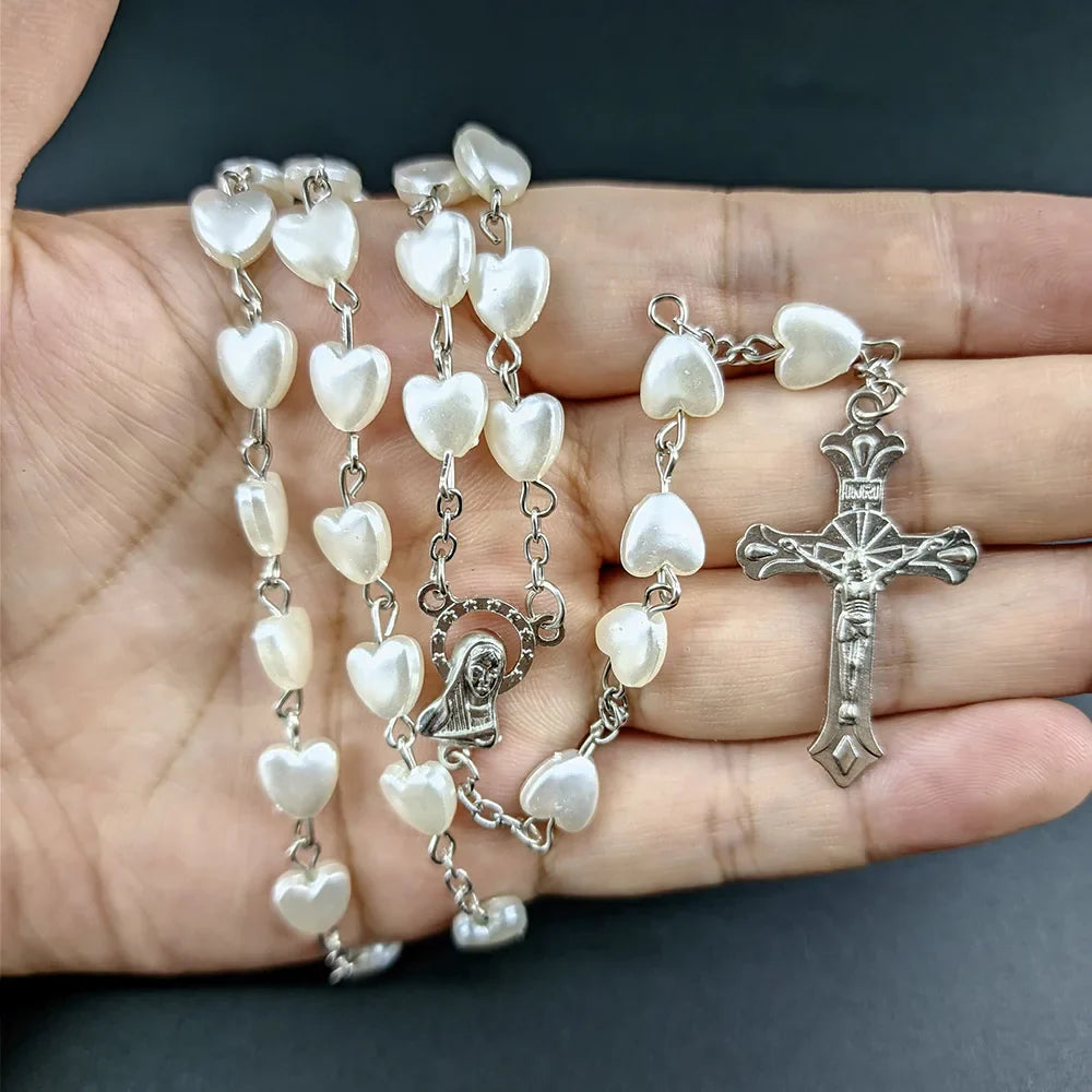 White Heart Rosary Necklace For Women Virgin Mary Cross INRI Pendant Long Chain Men Religion Prayer Party Jewelry Accessories