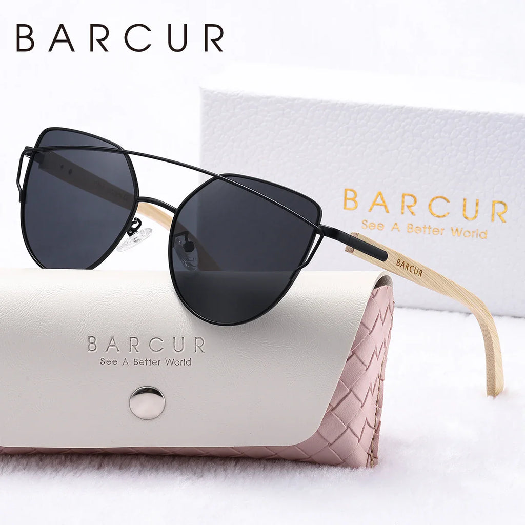 Luxury Cat Eye Polarized Sunglasses with Bamboo Temples