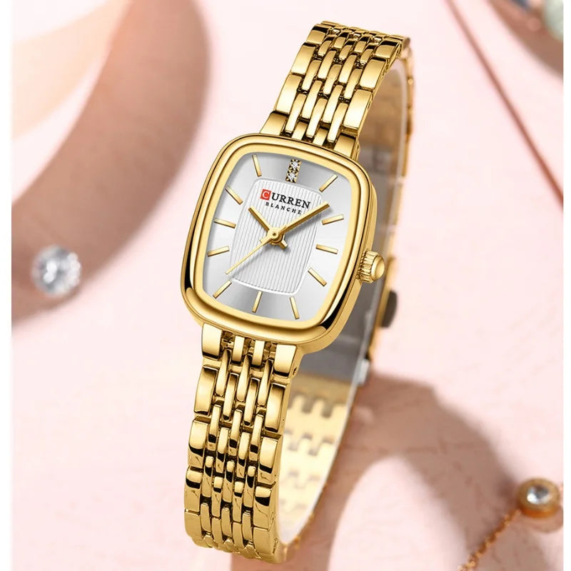 CURRN 9093 Women's Quartz Watch Fashion Leisure Diamond Simple Gold Silvery Steel Strip Wristwatch for Ladies Gift Clock