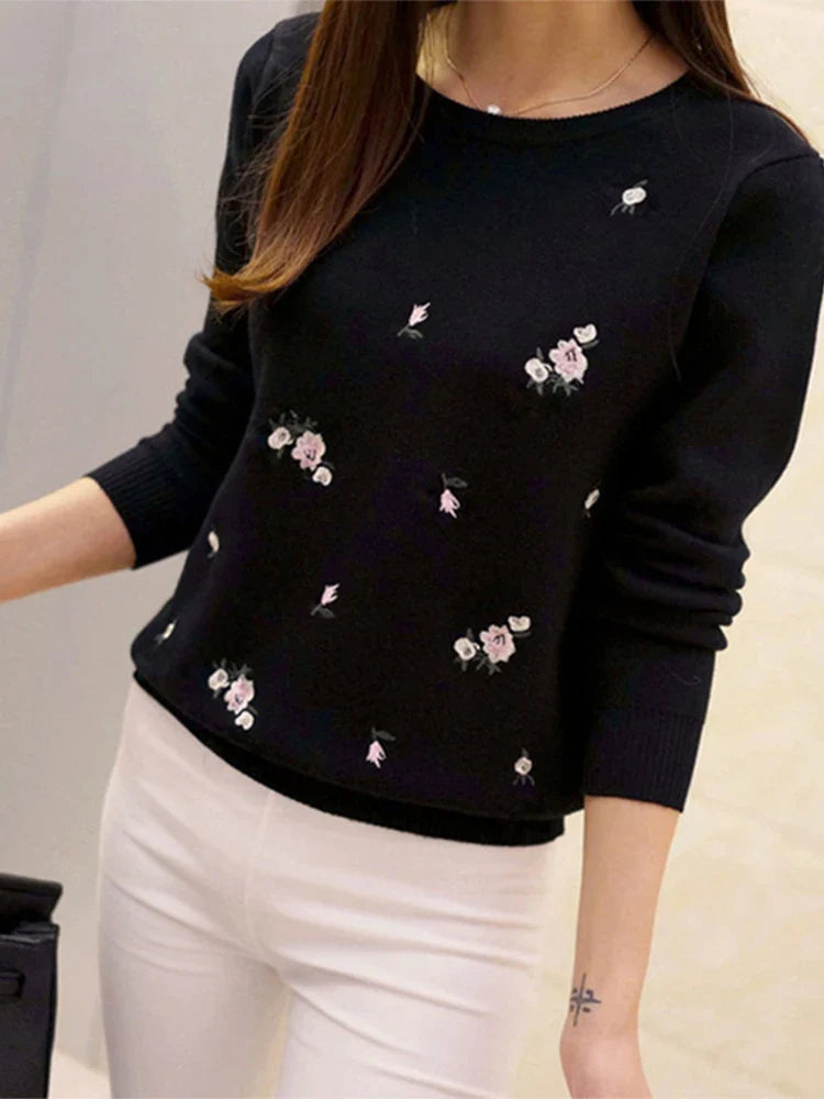 Women Floral Embroidered Knit Sweater Long Sleeve Pullover - Image 22