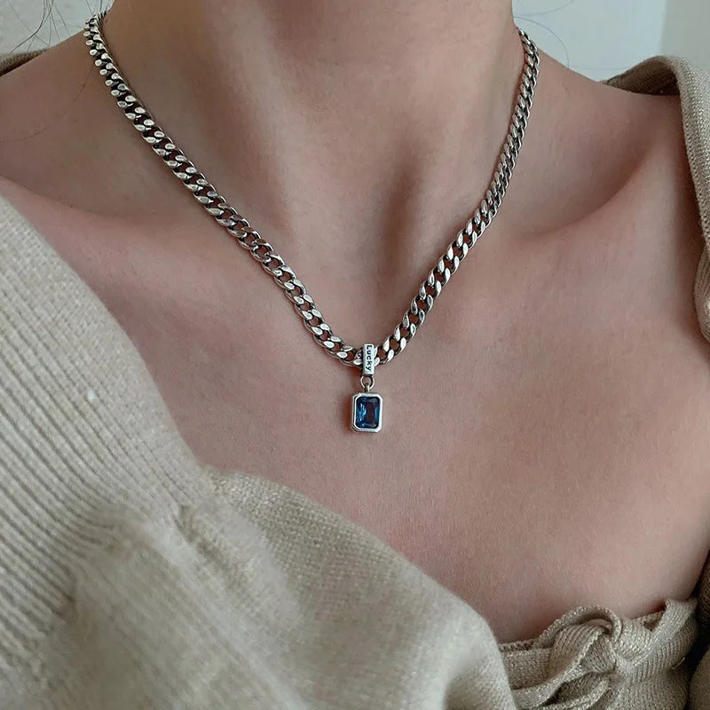 925 Sterling Silver Vintage Cuba Neck Chain Square Zircon Pendants Female Necklaces Women Jewelry Charms Accessories Argent 925