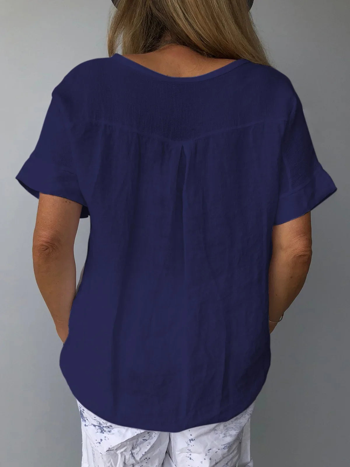 Women Dandelion Print Cotton Linen Blend Short Sleeve V-Neck Top - Image 2