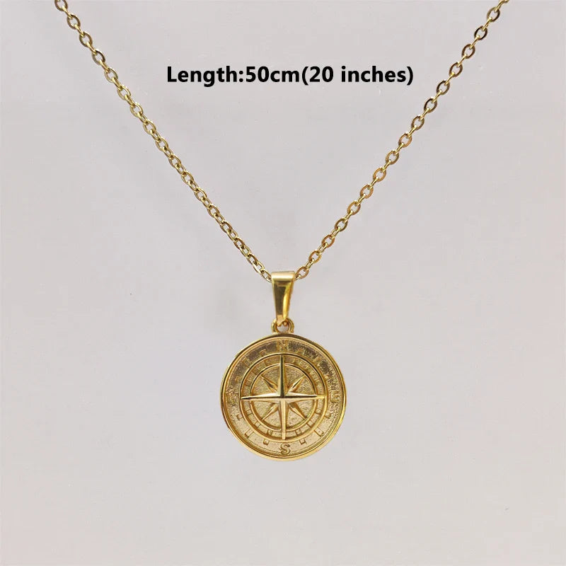 18K Gold Plated Stainless Steel Compass Pendant Necklace - Round Coin Design for Men & Women, Waterproof Unisex Jewelry Gift
