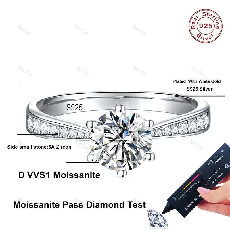 NeeTim Real 3 Carat Moissanite Wedding Ring for Women 925 Sterling Silver Round Brilliant Lab Diamond Engagement Rings Gift