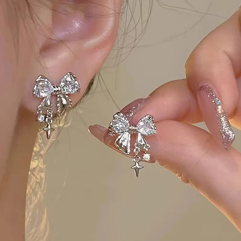 New Y2K Bowknot Zircon Stud Earrings for Women Fashion Korean Silver Color Pink Crystal Personality Earring Party Jewelry Gifts
