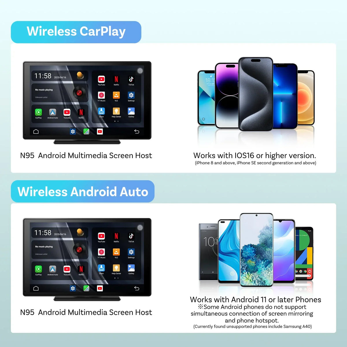 9 Inch Portable Wireless CarPlay Screen, Apple CarPlay and Android Auto Touch Display