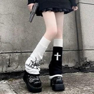 Y2K Punk Knitted Leg Warmers Black White Heart Star Argyle Style - Image 25