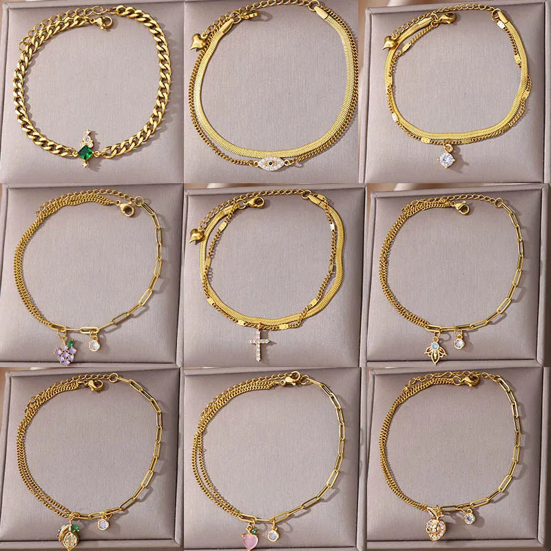Zircon Cross Anklets For Women Gold Color Stainless Steel Cross Anklet Double Chain Summer Beach Party Jewelry Gift Accessories