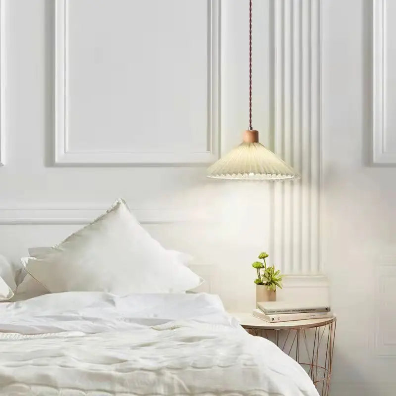 Retro Pleated Pendant Light For Living  Dining Room Bedside Solid Wooden Ceiling Hanging Fabric Lampshade Bar Home Decoration