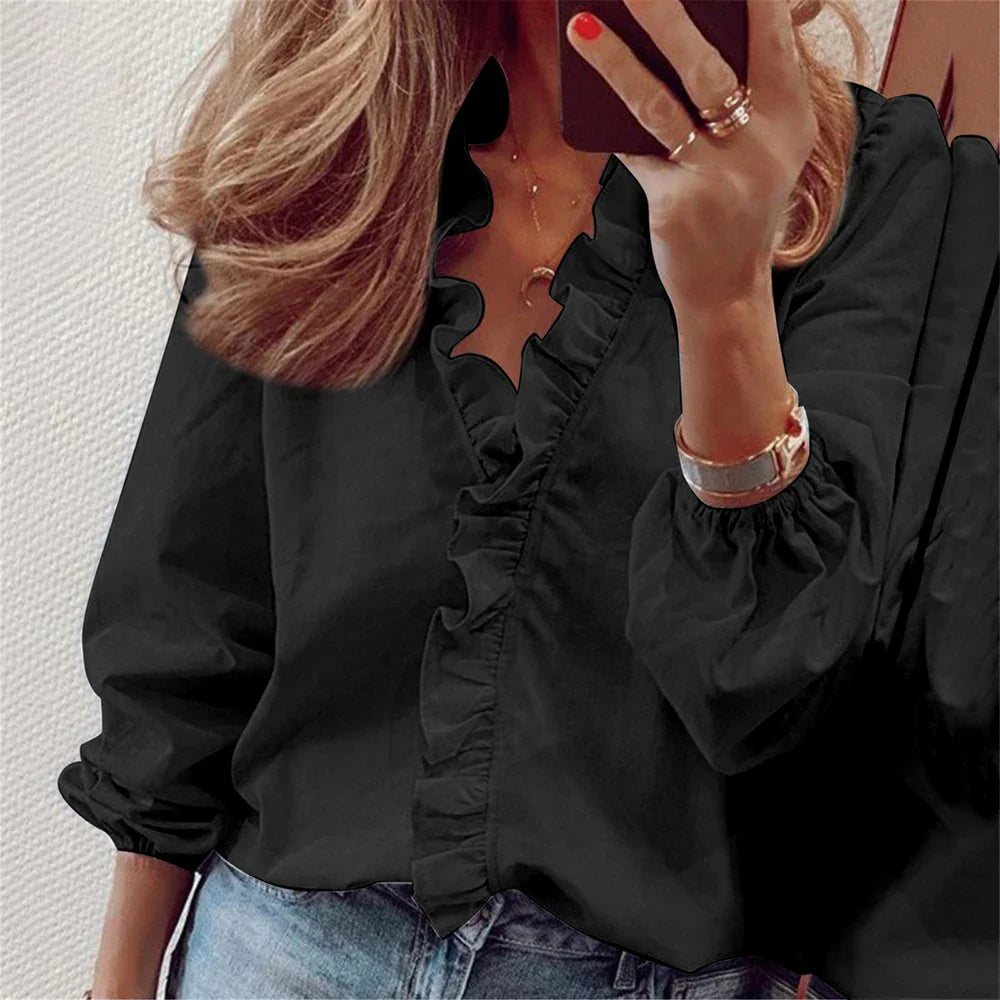 Women Ruffled V-Neck Long Sleeve Blouse Casual Pullover Top - Image 3