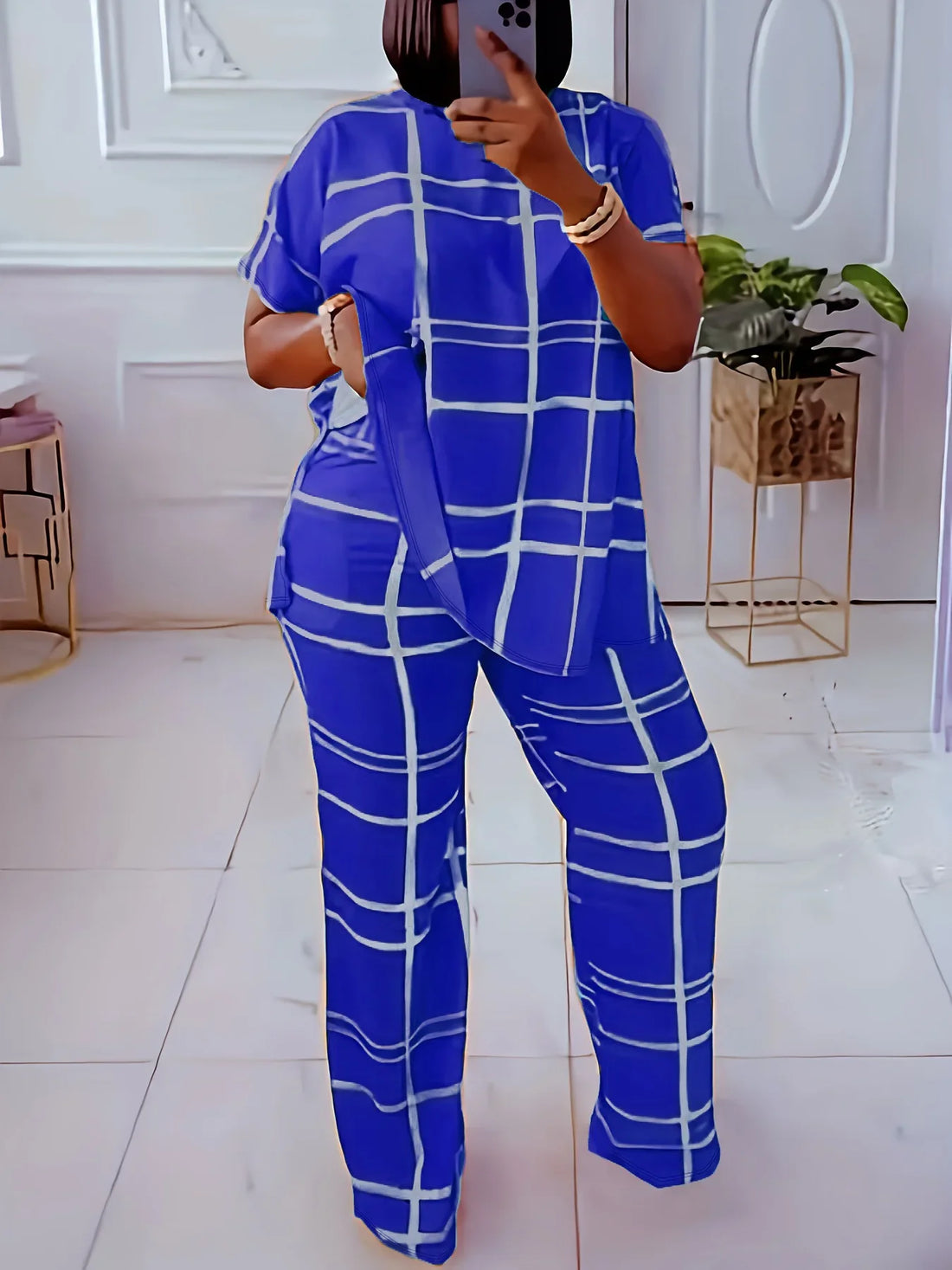 Women's Striped Grid Print Casual Two Piece Short Sleeve Set - Image 38