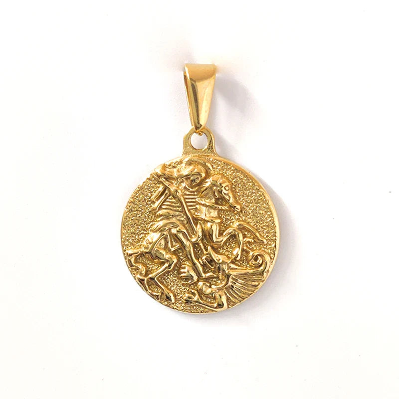 Waterproof Jewelry 18k Gold Plated Holy Saint George Pendant Stainless Steel Poseidon Owl Spartan Pendant Religious Medal Men