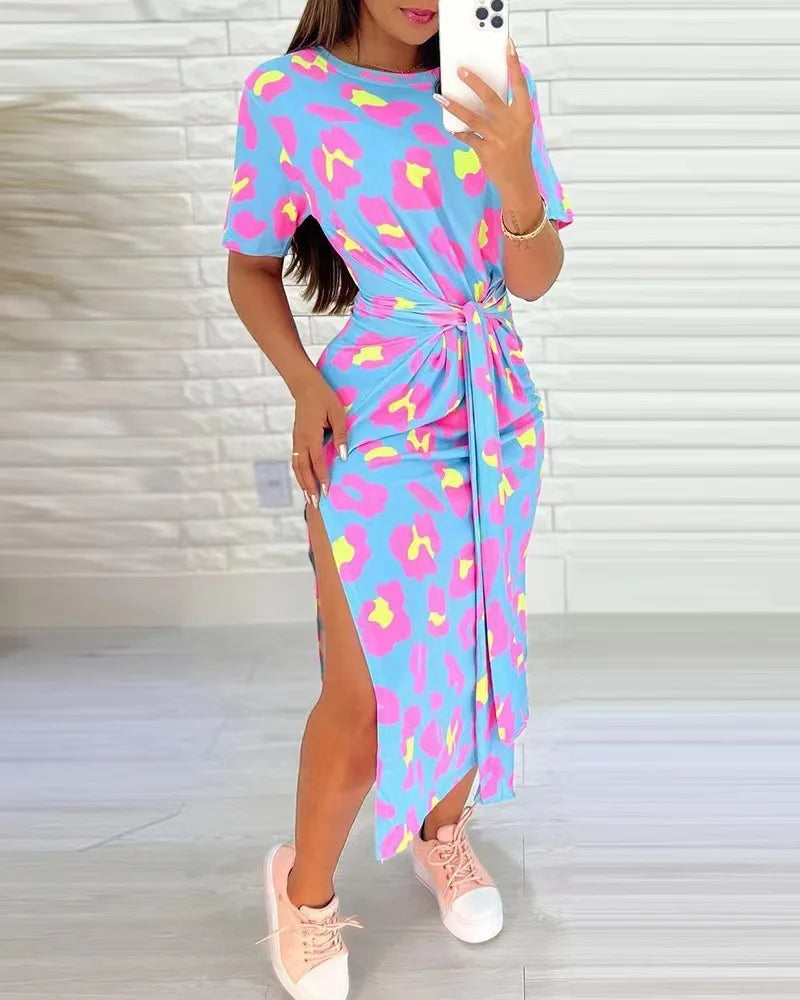 Women's Leopard Print Midi Dress with Side Slit and Tie Waist - Image 10