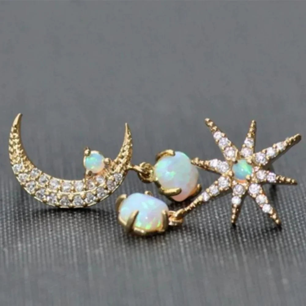 Golden Asymmetrical Zircon Moon Star Earrings for Women Retro Personalized Fashionable Versatile Accessory Gift