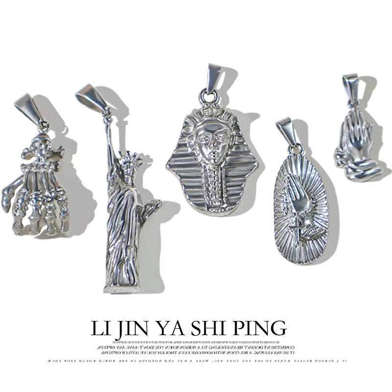 18K Gold Plated Stainless Steel Pendant Vintage Egyptian Pharaoh Portrait Lion Skull & Ghost Hand Charms Trendy Jewelry