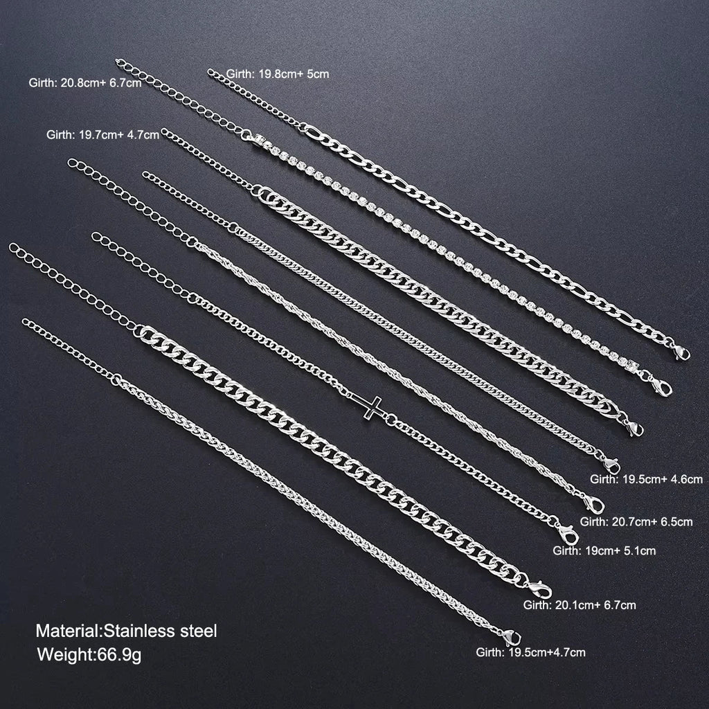 8Pcs Stainless Steel Cross Cuban Bracelets For Men Women Punk Silver Color Crystal Twist Chain Bracelet Daily Wear Fashion