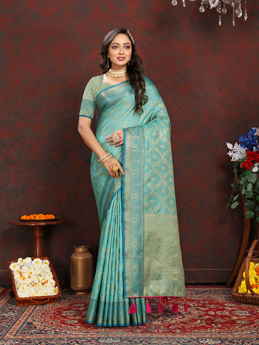 Elegant seagreen Katan silk saree with gold zari woven pallu and matching blouse piece