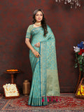 Elegant seagreen Katan silk saree with gold zari woven pallu and matching blouse piece