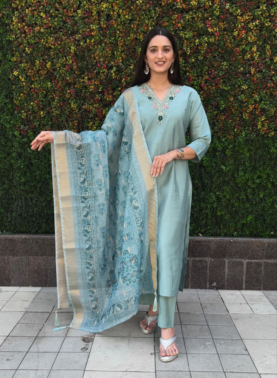 Seagreen Roman Silk Kurta Pant Set with Heavy Chanderi Dupatta