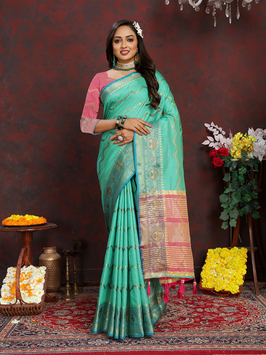 Seagreen soft katan silk saree with gold geometric zari weaving and contrasting pink pallu