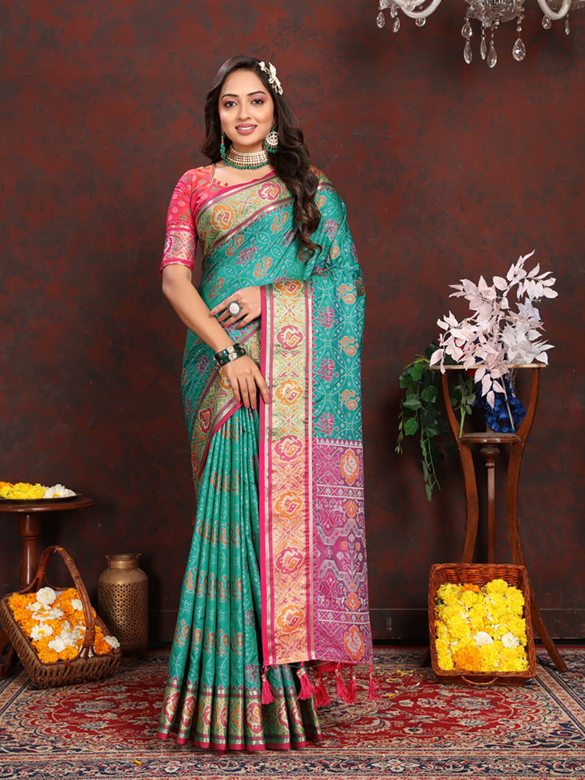 Seagreen Patola silk saree with Zari Meenakari motifs and rich pallu detail