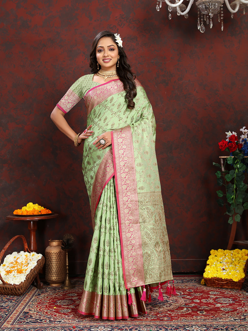 Seagreen Soft Katan Silk Saree with rich zari weaving and pallu tassels