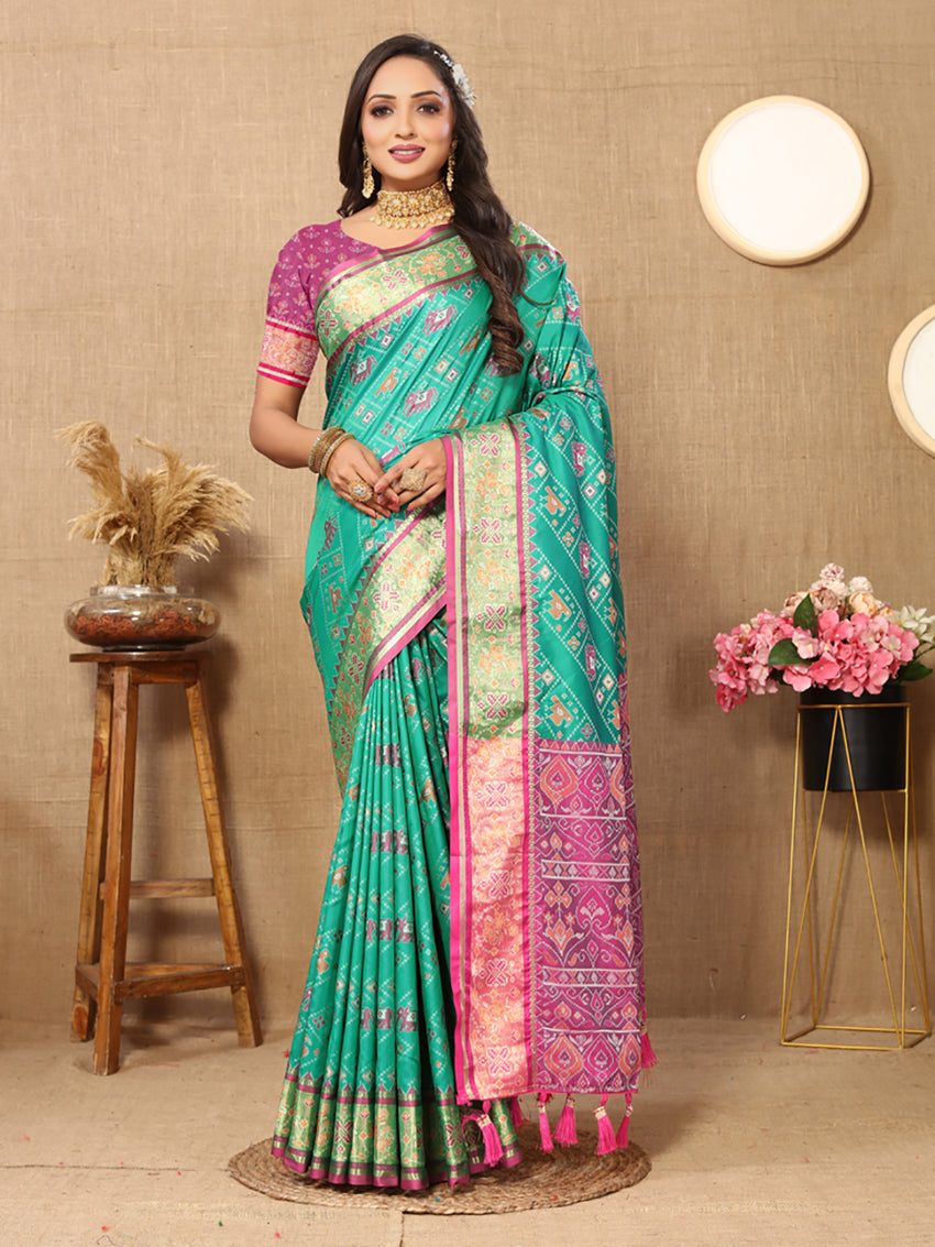 Seagreen Patola silk saree with geometric Zari Meenakari motifs and pallu